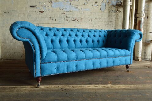 Luxurious Chesterfield Sofa 3-Seater Azure Blue Textile Fabric Upholstery Comfortable Couch on Castors New