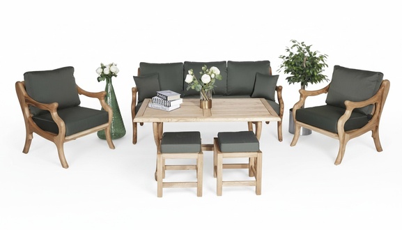 Gray wooden garden furniture sofa set 3+1+1 seat dining table terrace furniture