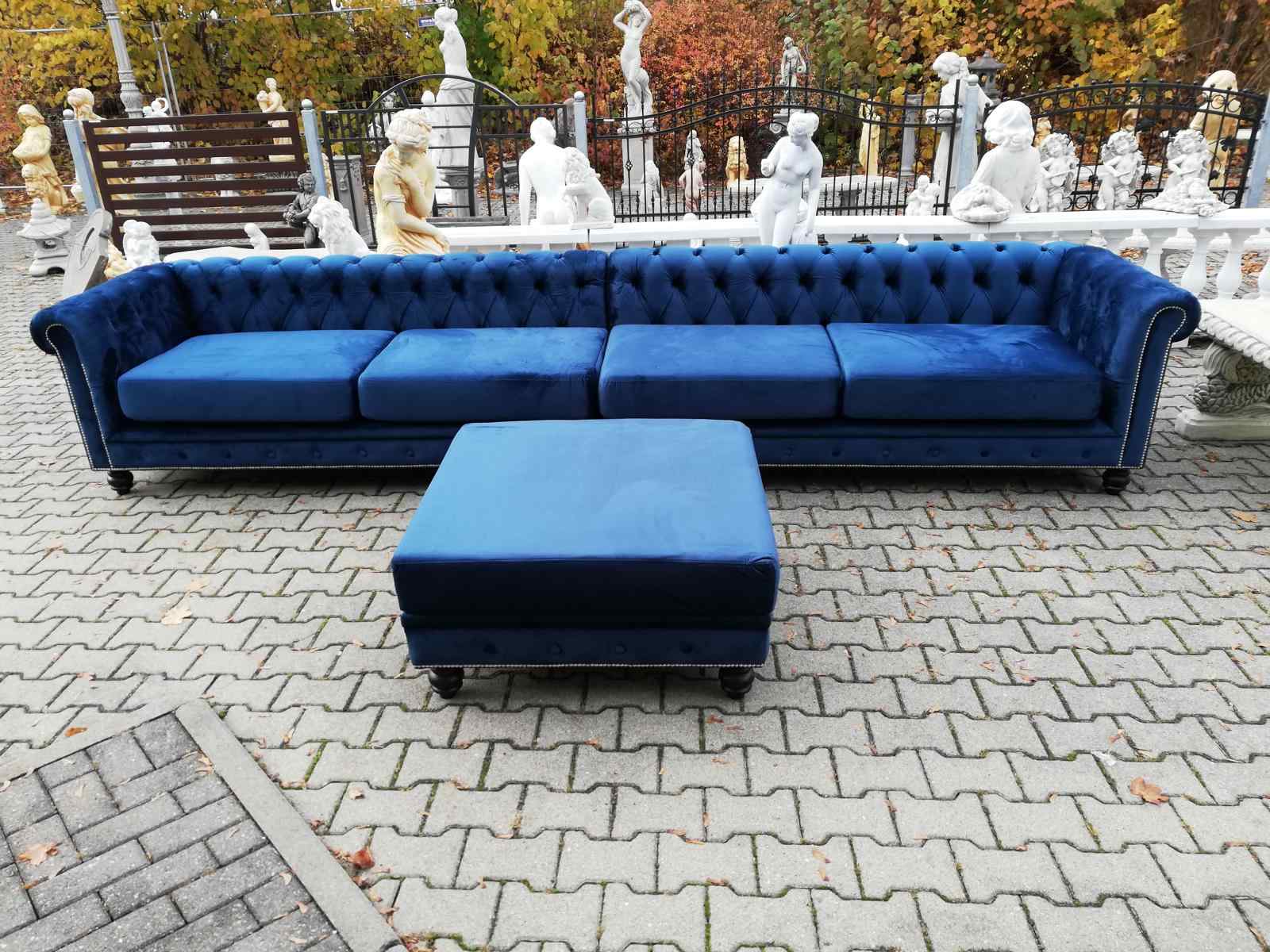 Chesterfield Sofa Set Textile XXL 4 Metre Sofa + Stool Upholstered Blue Living Room Couch