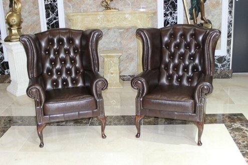 Chesterfield Wing Chair Armchair Sofa Upholstery Seat Loung Brown 100% Leather On Stock