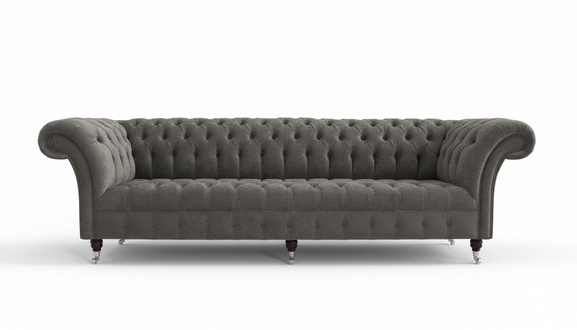 Classic Sofa 4-Seater Grey Textile Chesterfield With Buttons Comfortable Couch on Casters New