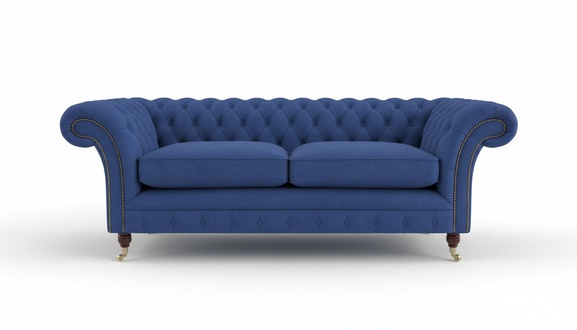 Premium Chesterfield Sofa 3-Seater Lavish Blue Textile Upholstery Couch on Castors Wheels New