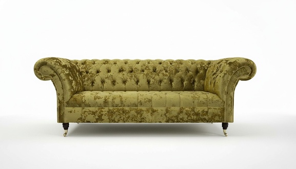 Chesterfield Sofa 3-Seater Yellow Textile Fabric Cosy Couch With Castors New