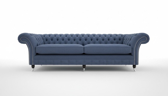 Chesterfield XXL Big Sofa 4-Seater Blue Textile Upholstered Comfortable Couch With Soft Pads New