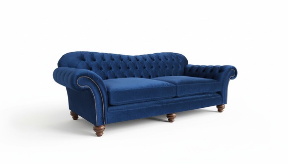 Blue Chesterfield Sofa 3-Seater Textile Fabric Comfortable Couch Rolled Armrests New