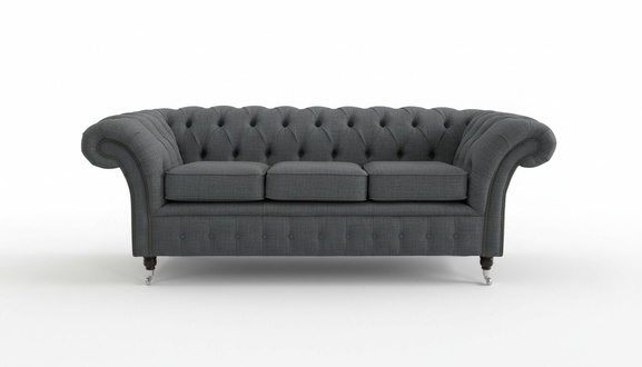 Chesterfield Sofa 3-Seater Modern Style Textile Couch Grey Cover Comfortable New on Castors