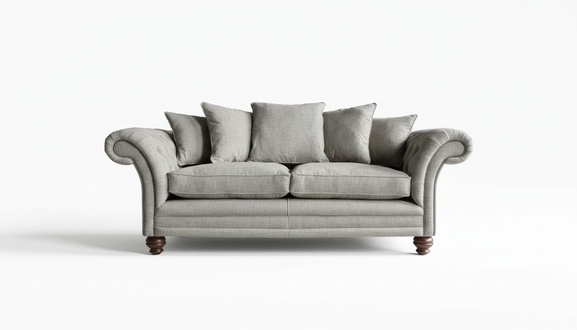 Sofa Chesterfield 3-Seater Grey Textile Upholstery Couch Wooden Feet Comfortable Sofa with Cushions New