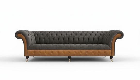 Sofa 4-Seater Sofa Chesterfield With Buttons Grey Brown Textile Upholstered New