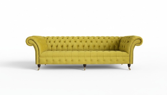 Yellow Chesterfield Sofa 4-Seater Textile / Leather Upholstered Comfortable Couch on Casters (Wheels)