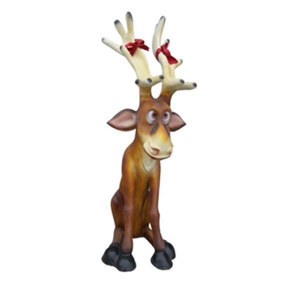Decorative sculpture designed as a light brown sitting funny cartoon reindeer 100cm