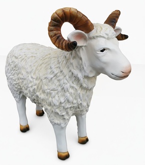 Decorative garden sculpture designed as an full white colored shaggy sheep 75x75cm