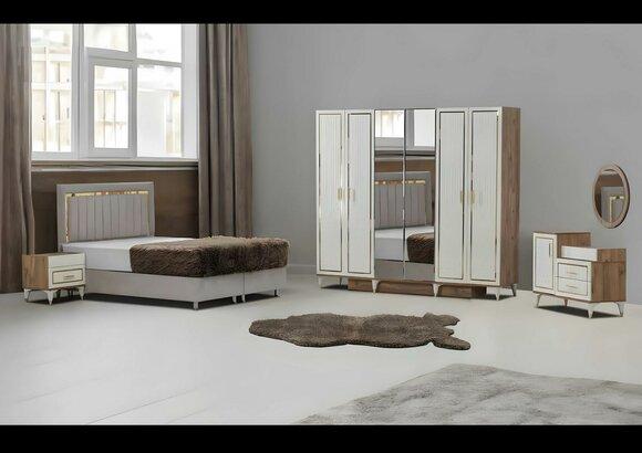 White and gold bedroom set Bed Wardrobe Chest of drawers