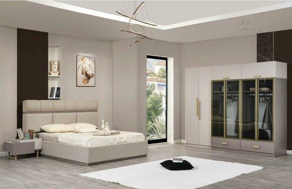 Bedroom set double bed bedside tables wardrobe beige 4 pcs