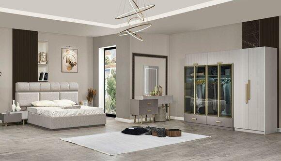 Bedroom set double bed bedside tables wardrobe console beige 5 pcs