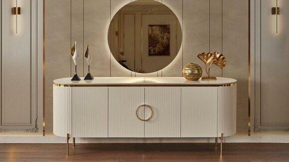Consists of dining room set Consists of beige colour sideboard and mirror