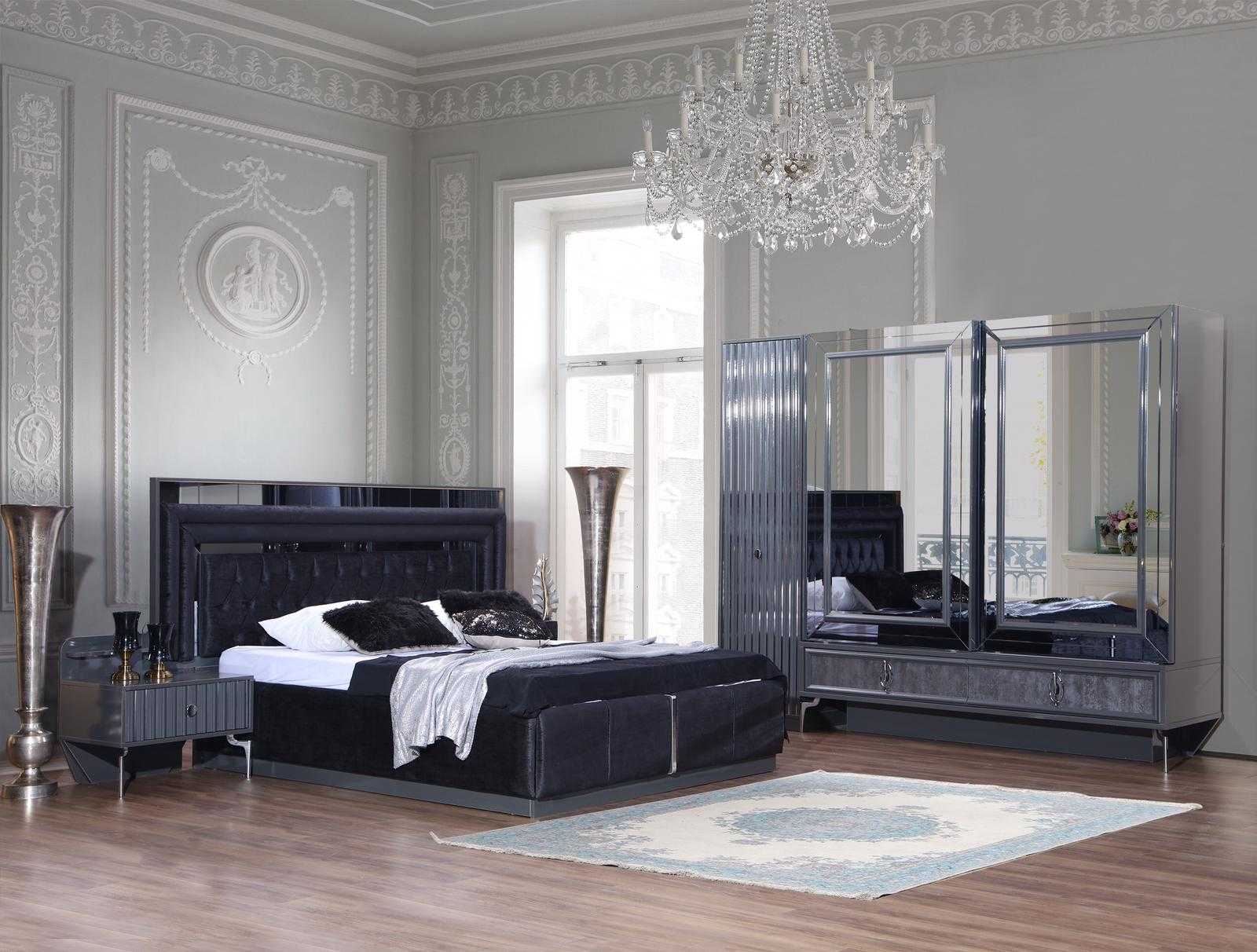 Black bedroom set luxury set bed 2x bedside tables wardrobe