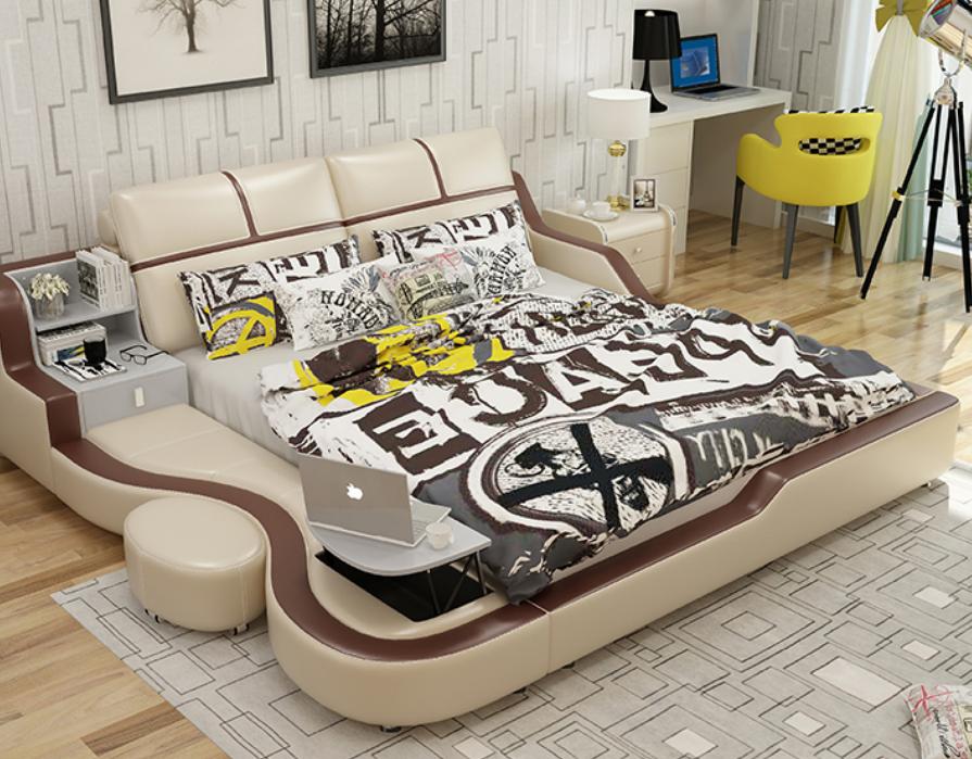 Multifunctional bed luxury design beige beds double shelf 180x200cm