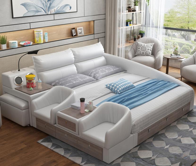 Bed Multifunctional shelf USB charging station Double leather beds 180x200