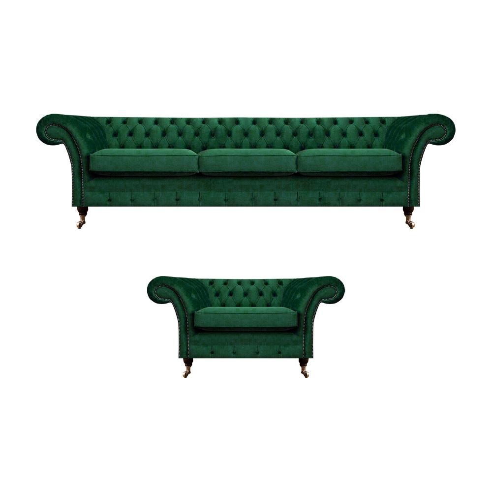 Upholstered furniture green sofa three-seater couch armchair Chesterfield 3+1 sofa set