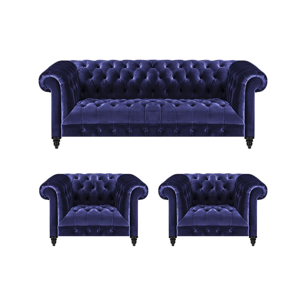 Blue Set 3pcs Chesterfield Complete Sofa Three Seats 2x Armchairs Living Room New