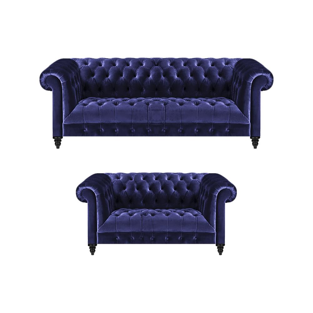 Chesterfield design luxury upholstery blue 2x sofas couch seat set living room