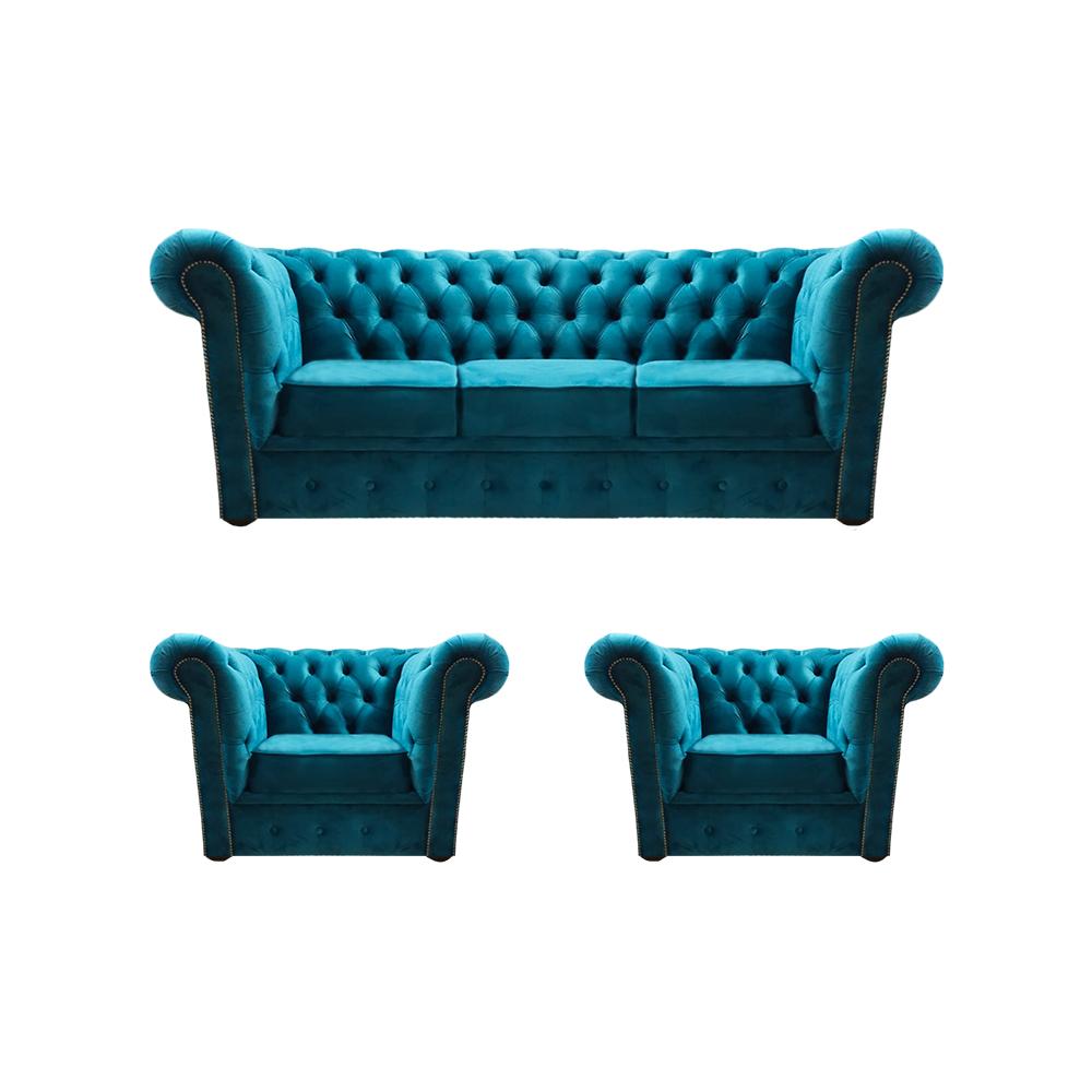 Chesterfield living room blue sofa set upholstery textile complete 3pcs 3+1+1