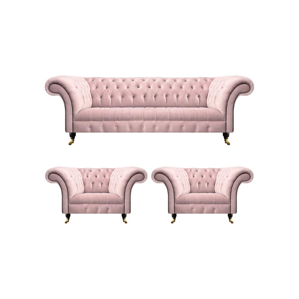 Living room set 3pcs sofa three seats pink complete 2x armchair Chesterfield