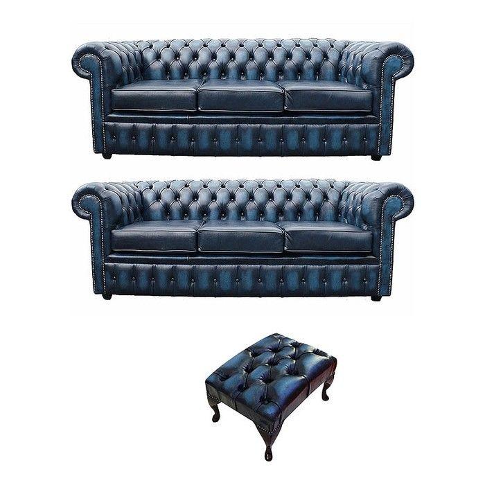 Chesterfield Sofa Set 3+3 Seaters + Stool Blue Faux Leather High-quality Couches New
