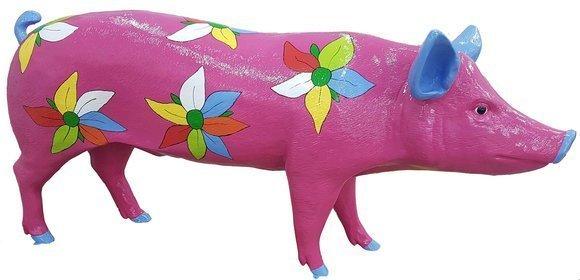 Abstract decorative garden sculpture designed as pink colored pig with flowers (A728)