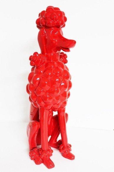Decorative garden sculpture designed as full red colored gloss sitting poodle A462