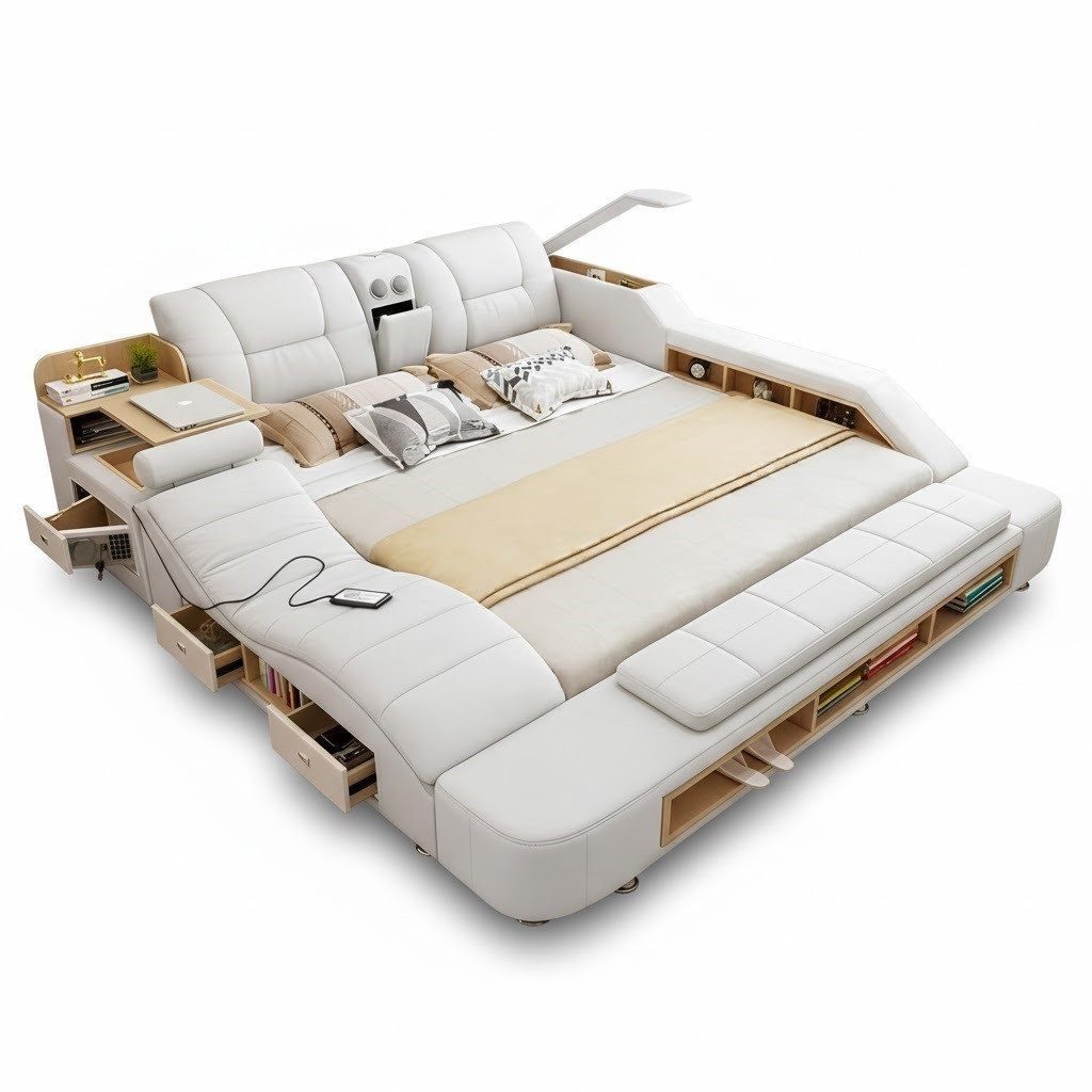 White Multimedia Artificial Leather Multimedia Bed – Modern & Elegant Immediate SOFORT