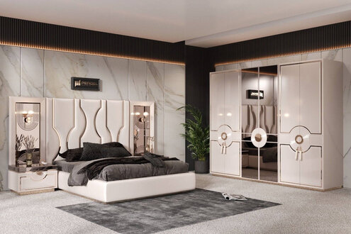 Modern bedroom set, 5 pieces. Luxury bed, wardrobe, bedside tables, dressing table