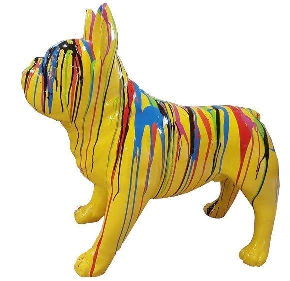 Decorative sculpture designed as yellow colored gloss pug figure in colorful stripes (A644C)
