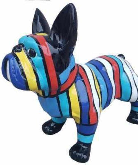 Abstract decorative garden sculpture designed as gloss dog with colorful stripes 30x45cm