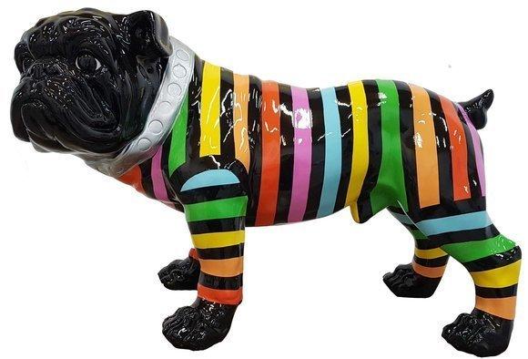 Abstract decorative sculpture designed as black dog in colorful shirt with stripes (A712)