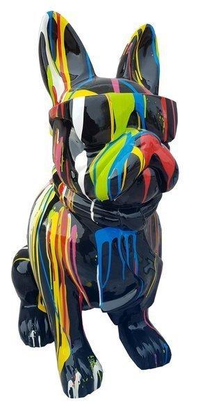 Abstract decorative garden sculpture designed as black dog in colorful stripes with glasses (A766)