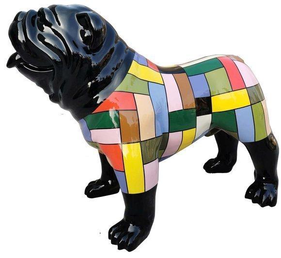 Abstract decorative sculpture designed as black gloss dog with colorful shirt 74x90cm