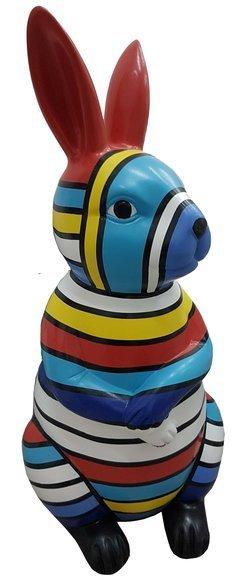 Abstract decorative sculpture designed as standing rabbit in colorful stripes 50 cm height A719
