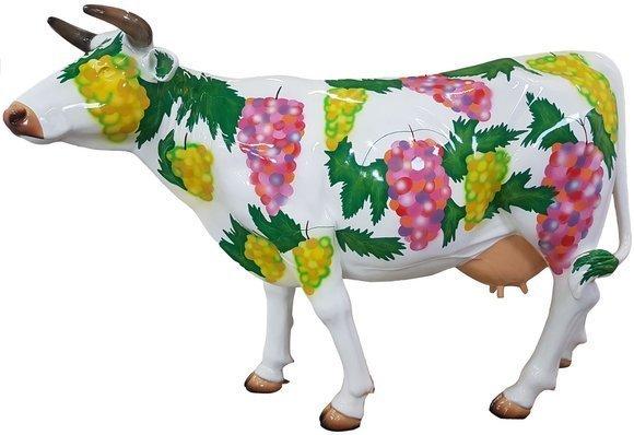 Decorative sculpture of white painted cow with grapes pictures 147cm length (A673)