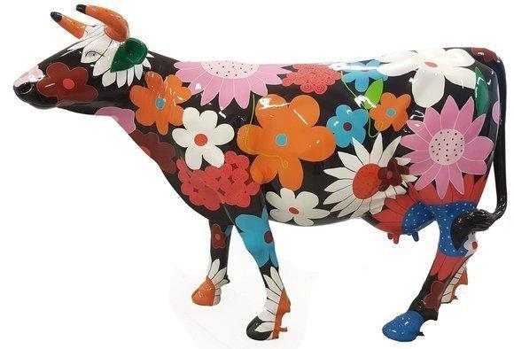 Decorative sculpture of black cow with flowers painted figure 147 cm length A685A
