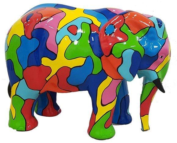 Abstract decorative sculpture designed as gloss elephant in colorful puzzle patterns A524D