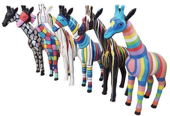 Abstract decorative sculpture designed as gloss standing giraffe in colorful patterns 115cm