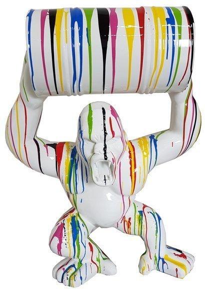 Abstract decorative sculpture designed as a gloss white colored angry gorilla with a barrel in colorful stripes 100cm