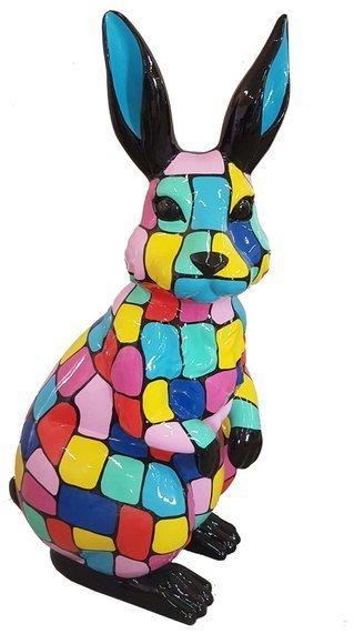 Abstract decorative sculpture designed as a standing gloss rabbit with colorful puzzle patterns 110cm