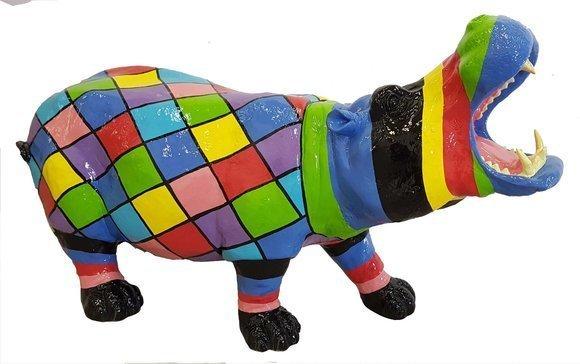 Decorative abstract sculpture designed as a shouting gloss hippopotamus with colorful puzzle patterns 60x20cm