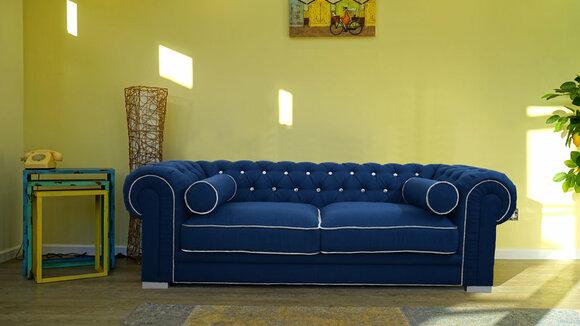 Buy Chesterfield Sofa 3-Seater Blue Textile Upholstered New Comfortable With Cushions Modern Design