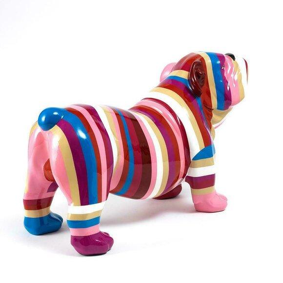 Abstract decorative sculpture designed as a gloss standing dog in bright colored stripes 32x55cm