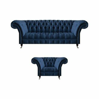 Dark blue living room 3-seater couch designer armchair elegant 2-piece set