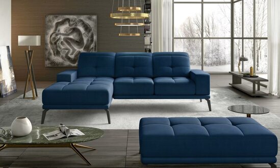 Corner sofa L shape with stool sofa couch design upholstery textile modern blue sofa On Stock