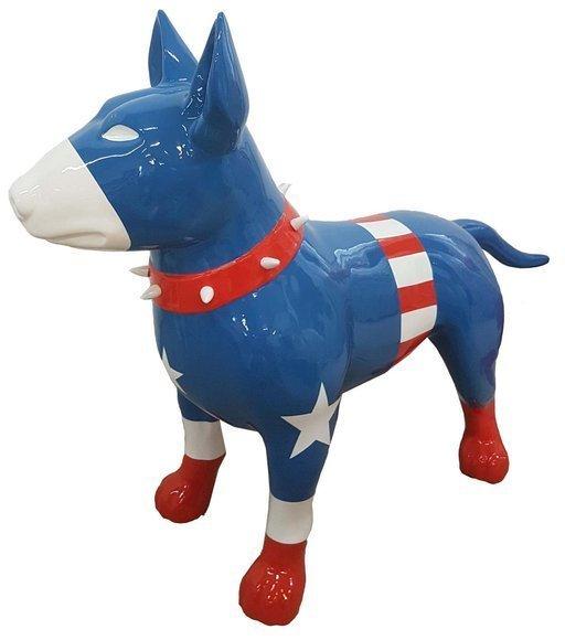 Abstract decorative sculpture designed as a gloss standing bull terrier in colorful captain america suit 85x116cm